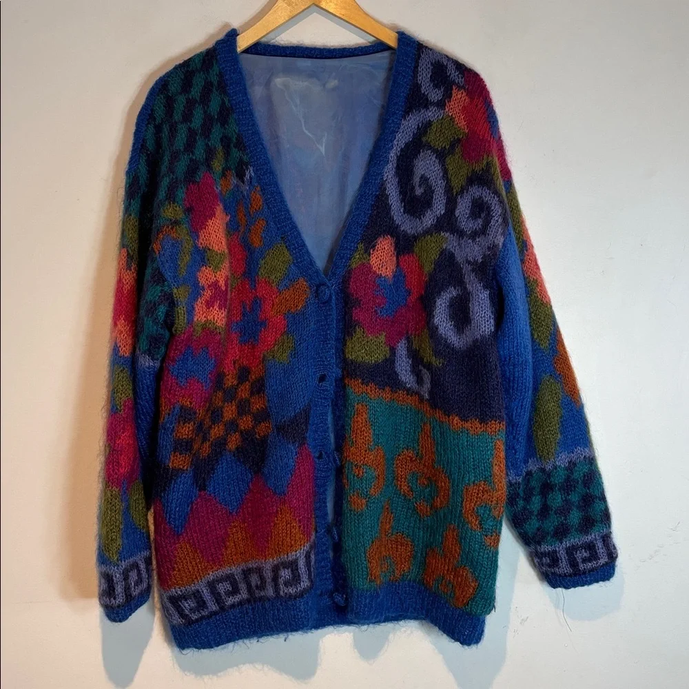 Vintage Colorful Patterned mohair Women's cardigan Sweater size medium - Picture 12 of 12